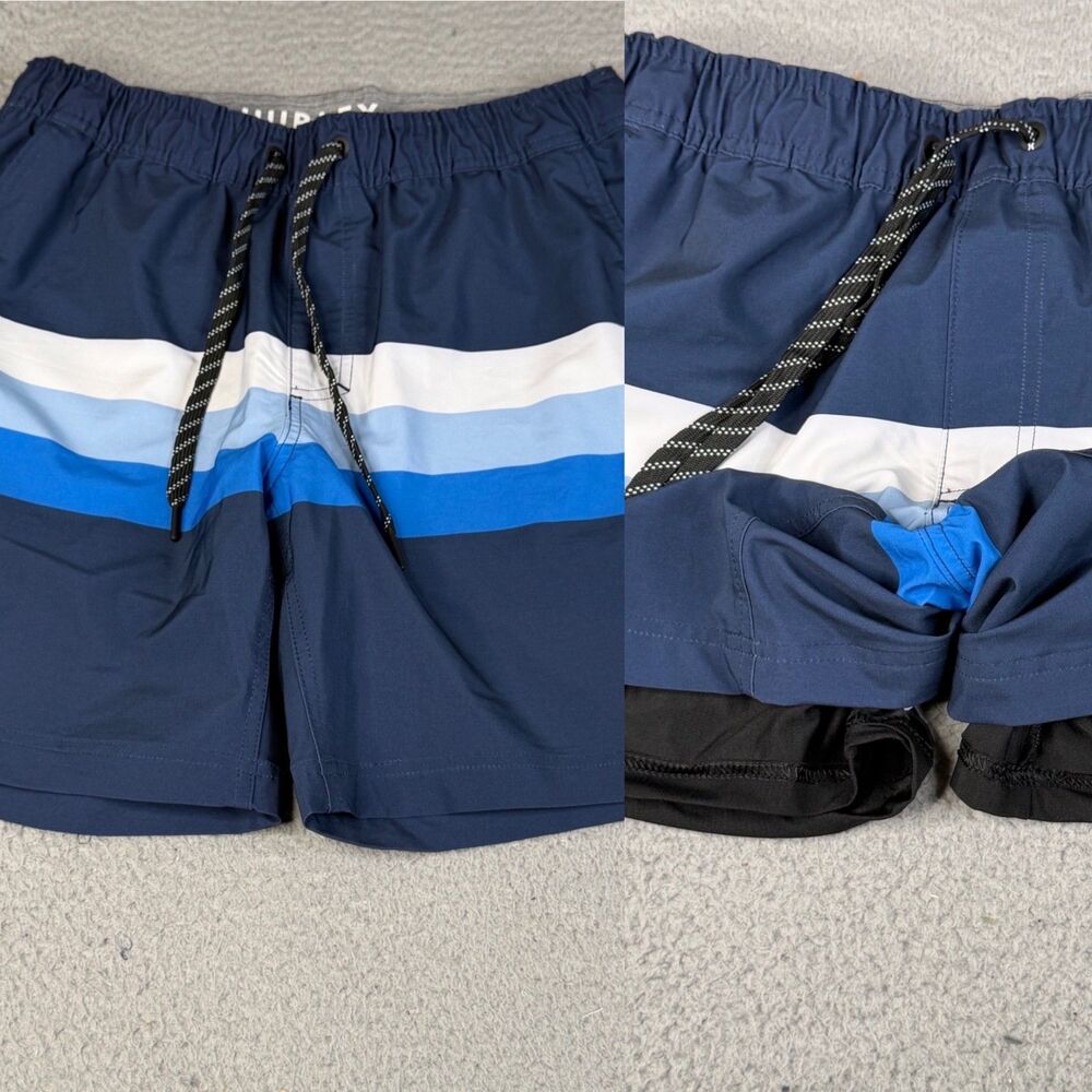 HURLEY Swim Shorts Mens M x 8"  Blue Striped Trunks Board Boxer Brief Surf Skate